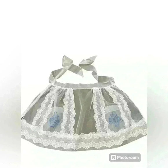 White Vintage Sheer Half Apron Lace Trim  Entertaining Mid Century Hostess - Picture 4 of 5